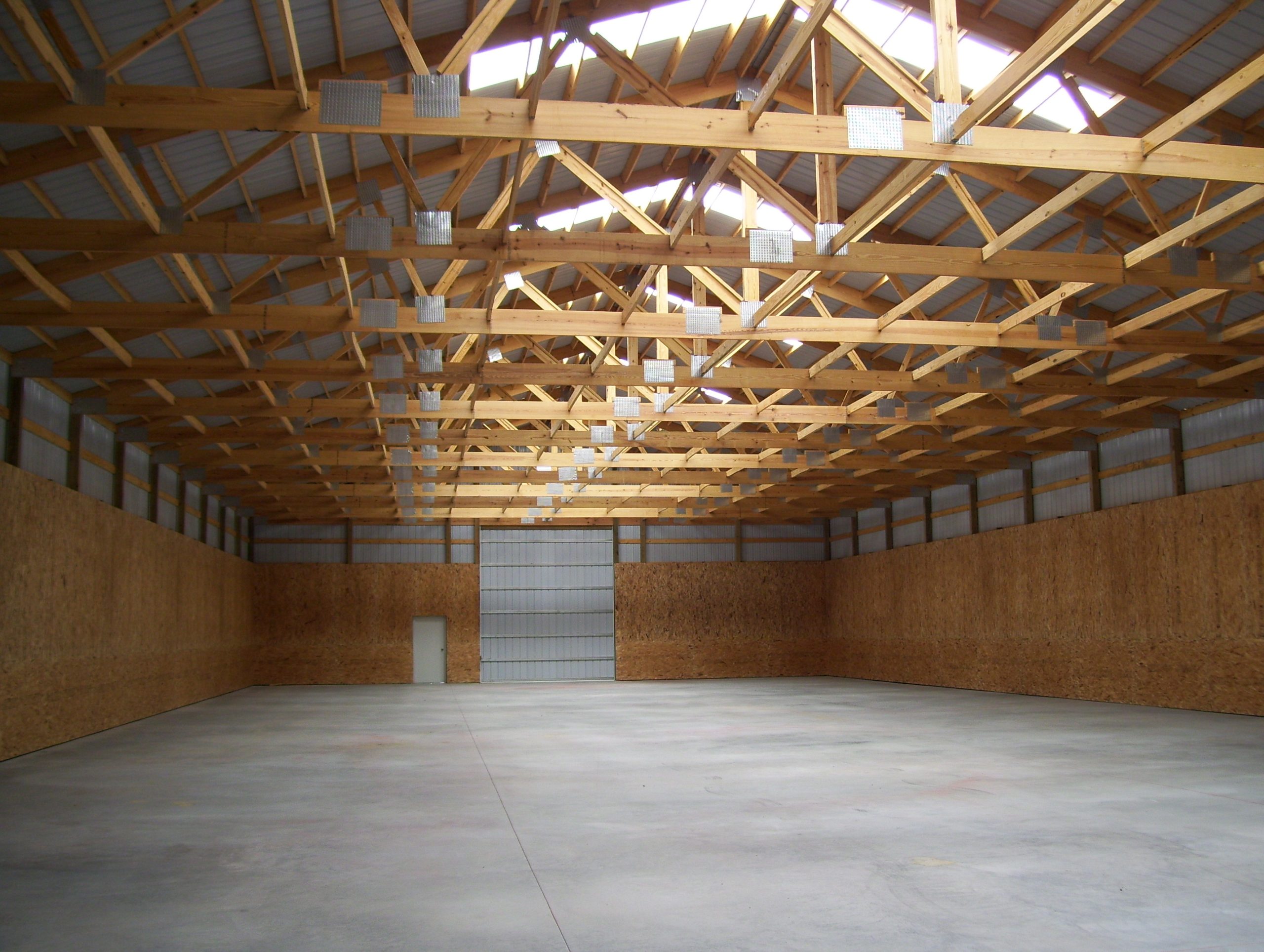 Interior view of engineered roof trusses